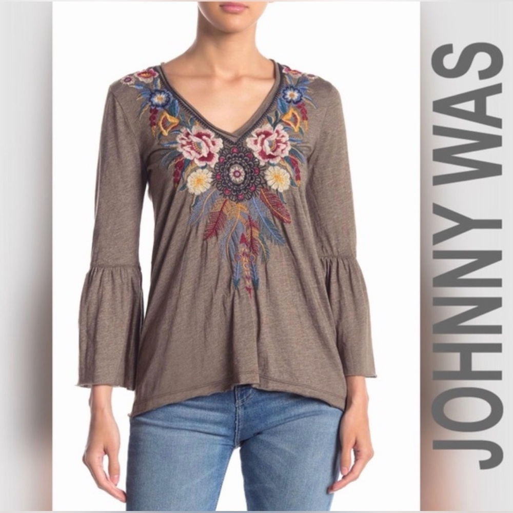 Johnny Was Darielle Flute Sleeve Embroidered Top Size S